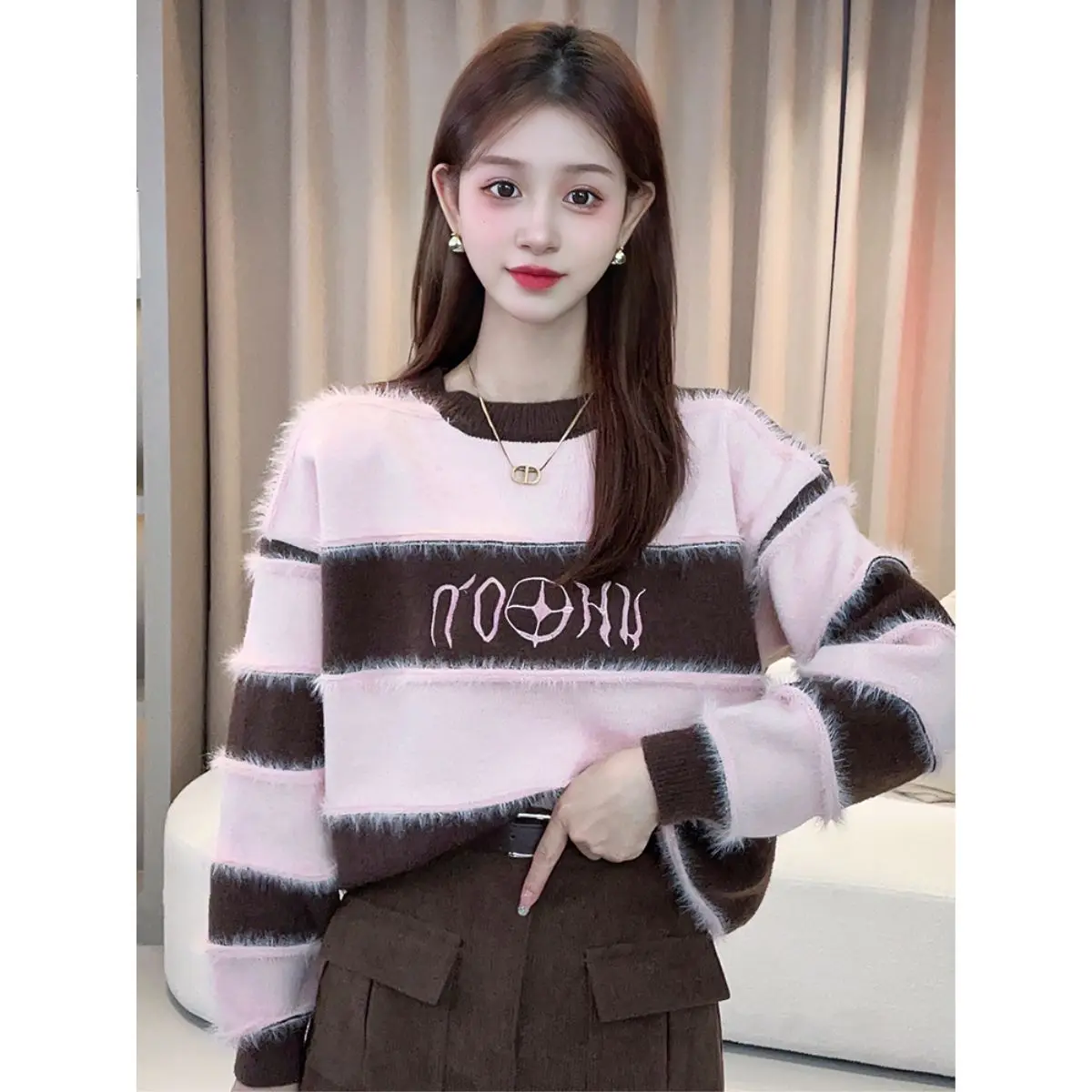 Women Autumn Winter Office Lady Simplicity Striped Color Blocking Knitting Women Clothes All-match Loose Pullover Long Sleeve Sw