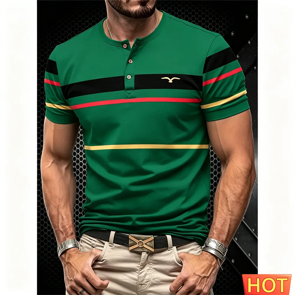 Simple Men's Henry T-shirt Striped Graphic Men's button up T-shirt Summer Sports Henry shirt Casual Oversized Crew Neck Tees top