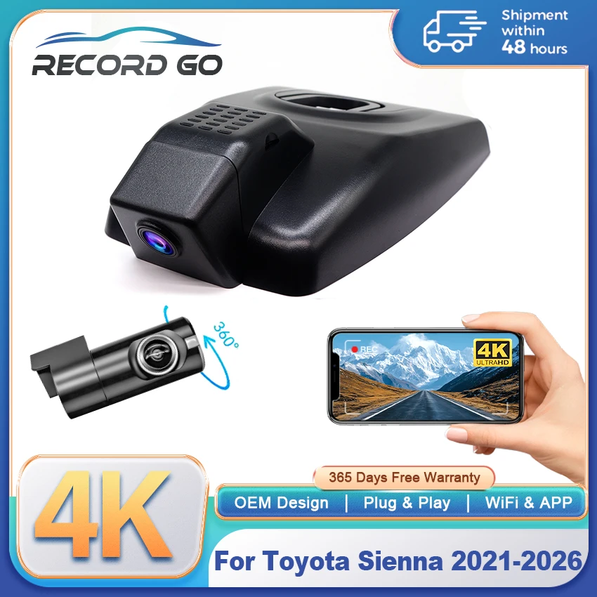 4K Dashcam 2160P Front and 1080P Rear Recorder Car Cam For Toyota Sienna 2021-2025 2026 Night Vision & APP Control
