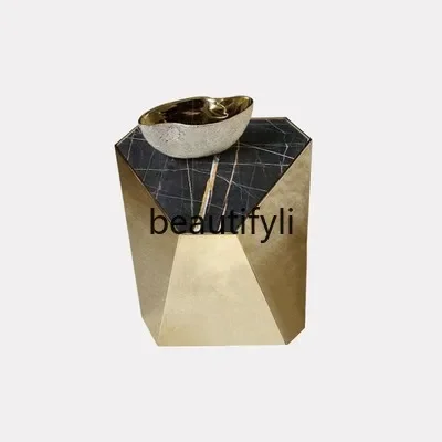

Light luxury Italian stainless steel sofa small side table model room diamond shape corner table marble small coffee table