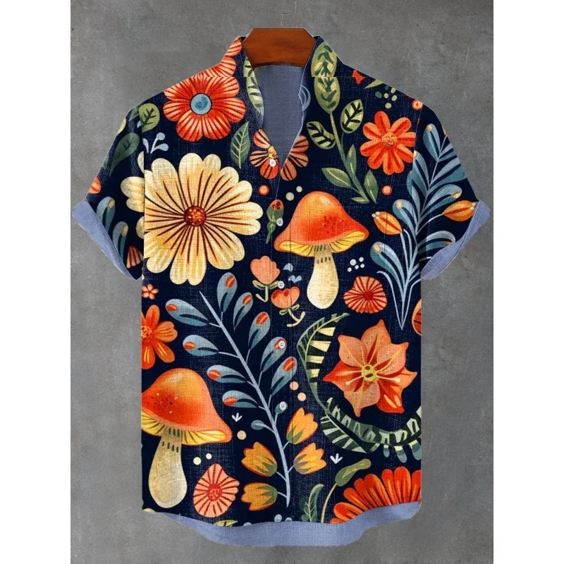 Men's Indian Folk Floral Print Linen Blend Shirt Pocket Short Sleeve Hawaiian Shirt Harajuku Hip Hop Streetwear Casual Tops