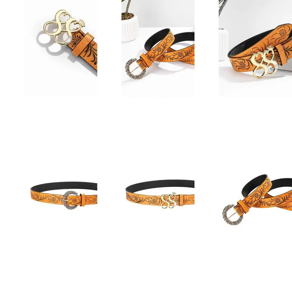 

A52E Metal Buckle Belt Vintage Waistband Embossed Flower Pattern Belt for Daily Wear