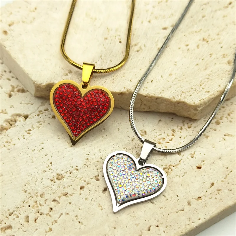 Elegant Red Crystal Love Heart Necklace for Women Girl Stainless Steel Gold Color Exquisite Choker Chain Jewelry 8334-QKC