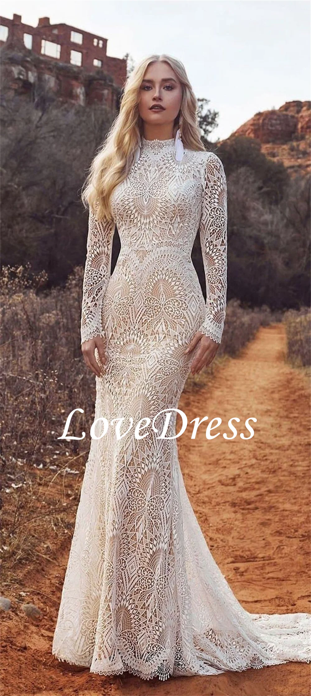 LoveDress-Vestidos De novia De sirena con cuello redondo para mujer, apliques De encaje, Vestidos De novia simples sin espalda, Vestidos De gasa simples