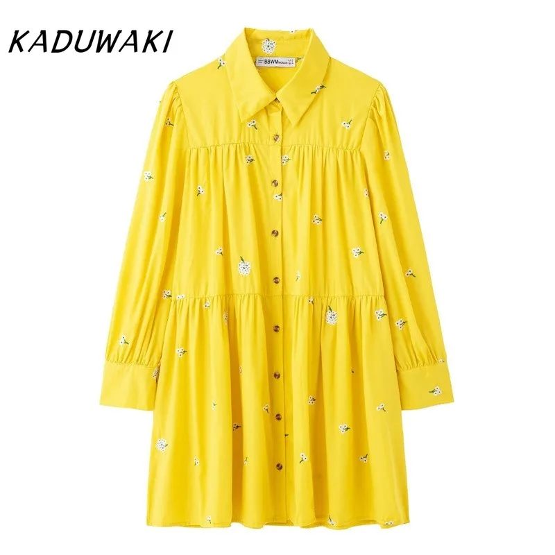 KADUWAKI Elegant European and American Style Women's Fashion Casual Lapel Long Sleeved Single Breasted Embroidered Shirt Skirt