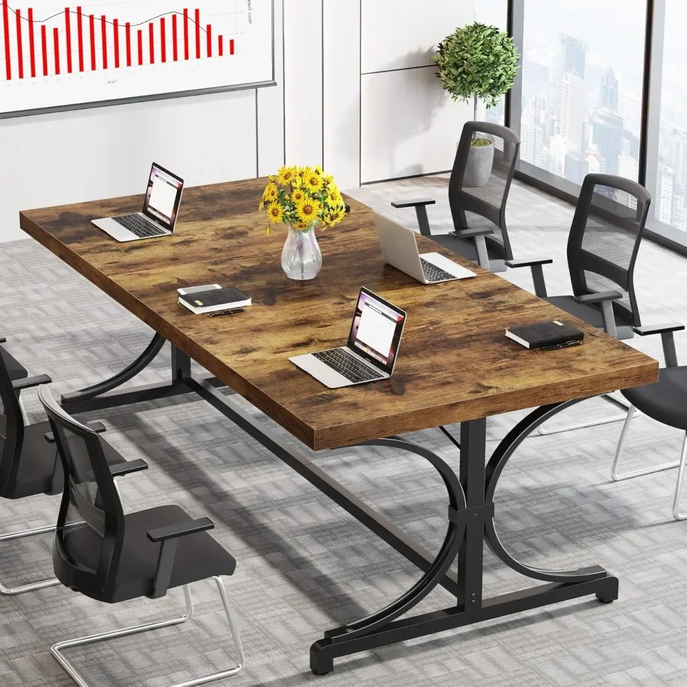 

62.4-Inch Conference Table for 4-6 People, Thick Wooden Tabletop and X-Shaped Metal Legs, Rectangle Conference Table