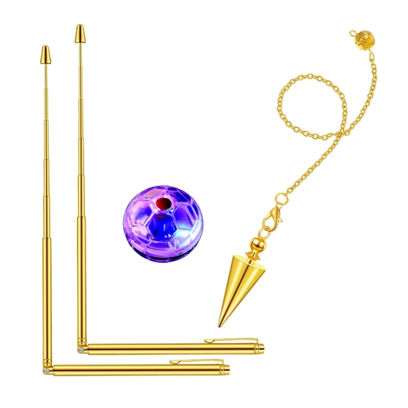 4 Piece Dowsing Rods Copper Set Pen Shaped Gold Spirit Rods Water Divining Rods With LED Light Up Cat Ball Gold