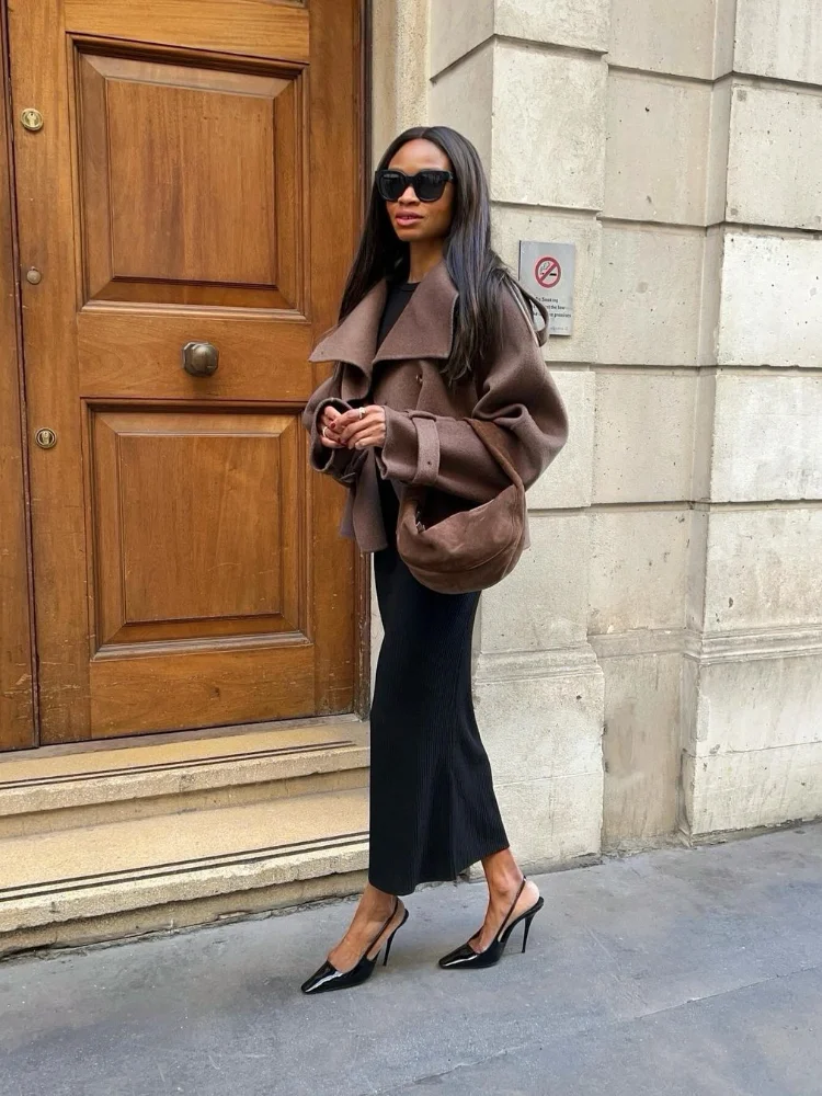 Solid Brown Women Lapel Wool Overcoat Fashion Long Sleeve Double Breasted Coat 2025 Autumn High Street Commute Loose Outerwears