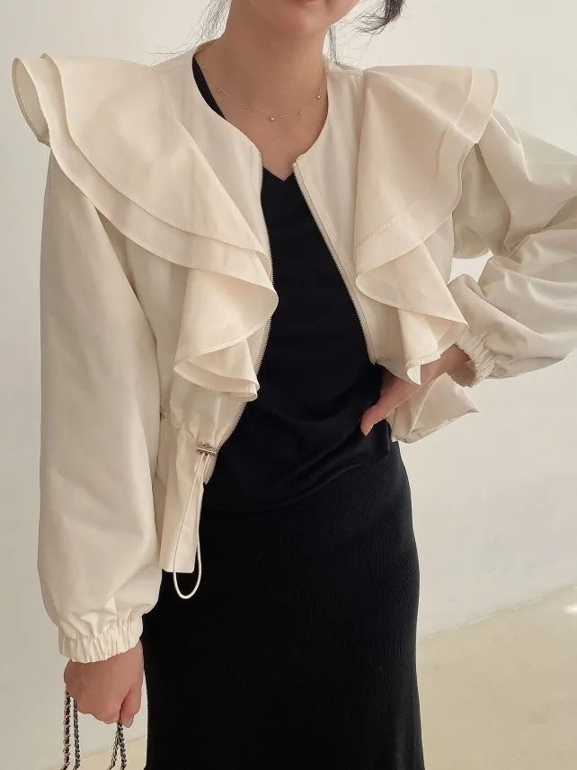 

Ele ort irt Jaet Women's Early Spring Design Dstring Waist Windbreaker Top round Ne Zipper Pure Color