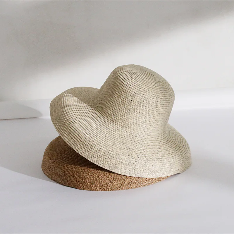 Summer Hepburn Style Sun Hat for Women Girls Vintage Design Straw Hat Sun Protection Solid Color Beach Holiday Big Sun Cap