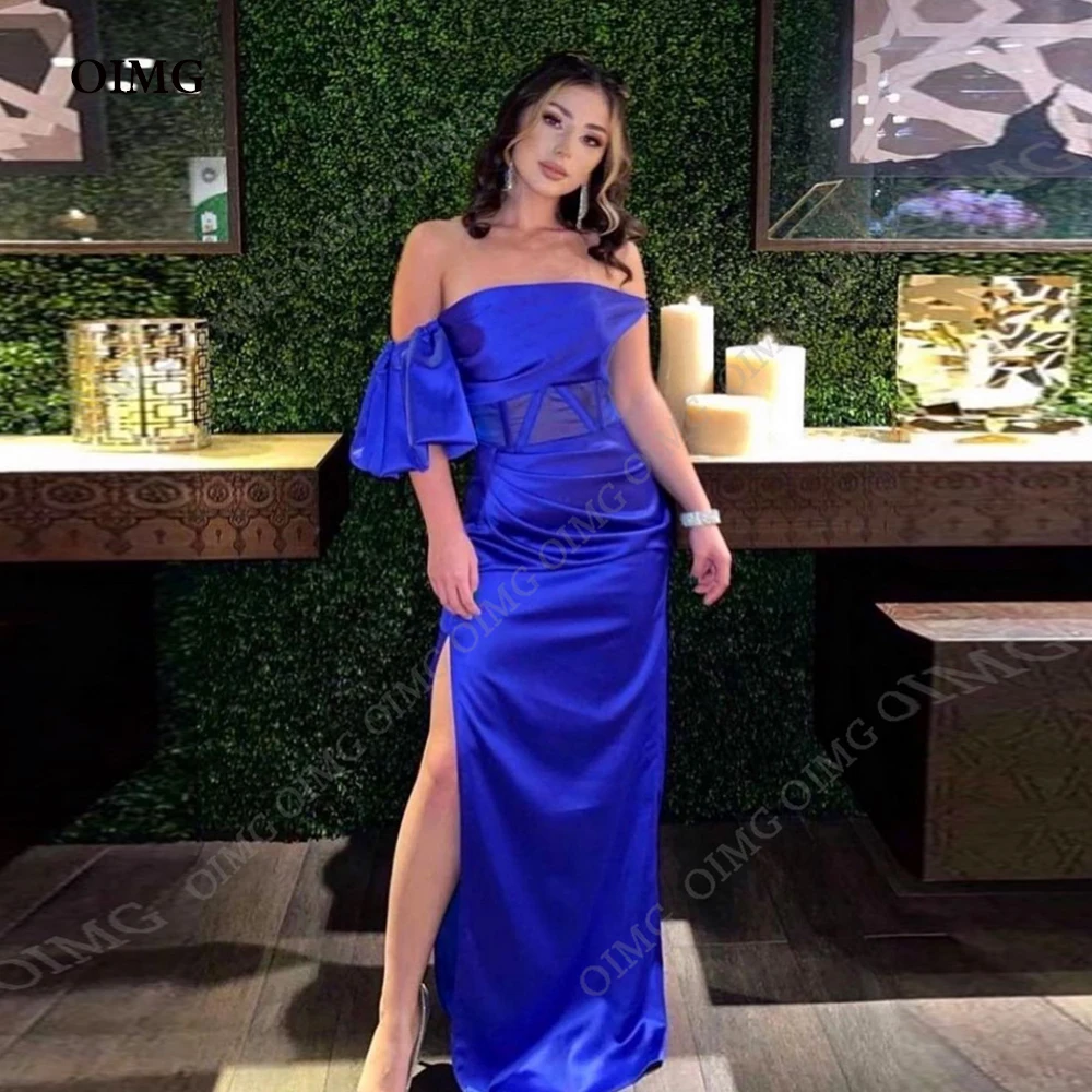 

OIMG Blue 2023 New Satin Evening Dresses One Shoulder Side Split Pleats Dubai Arabic Women Prom Gowns Formal Occasion Dress