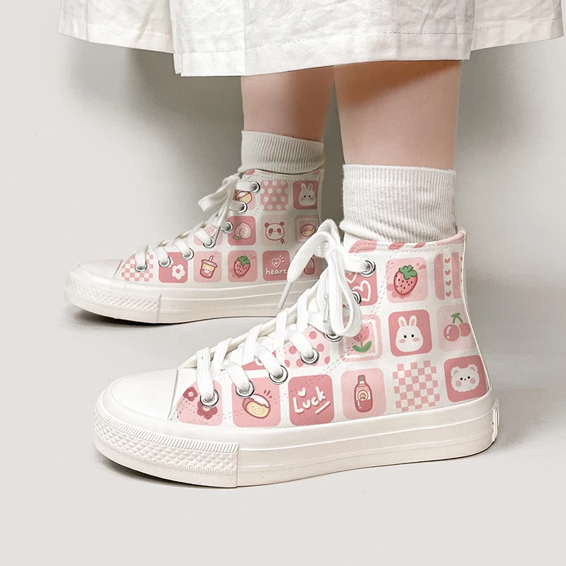 Amy and Michael Sweet Kawaii Shoes Lovely Girls Students Hand Painted Canvas Sneakers Women High Top Casual Flat Espadrilles