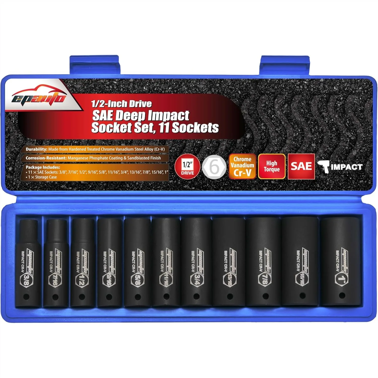 

1/2-Inch Drive SAE Deep Impact Socket Set, Cr-V, 6 Points, 11 Sockets with Storage Case