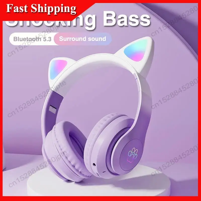 

-ABUB 2X Беспроводные гарнитуры с милым котом и градиентом, Bluetooth-наушники со светодиодной подсветкой и микрофоном фиолетового цвета