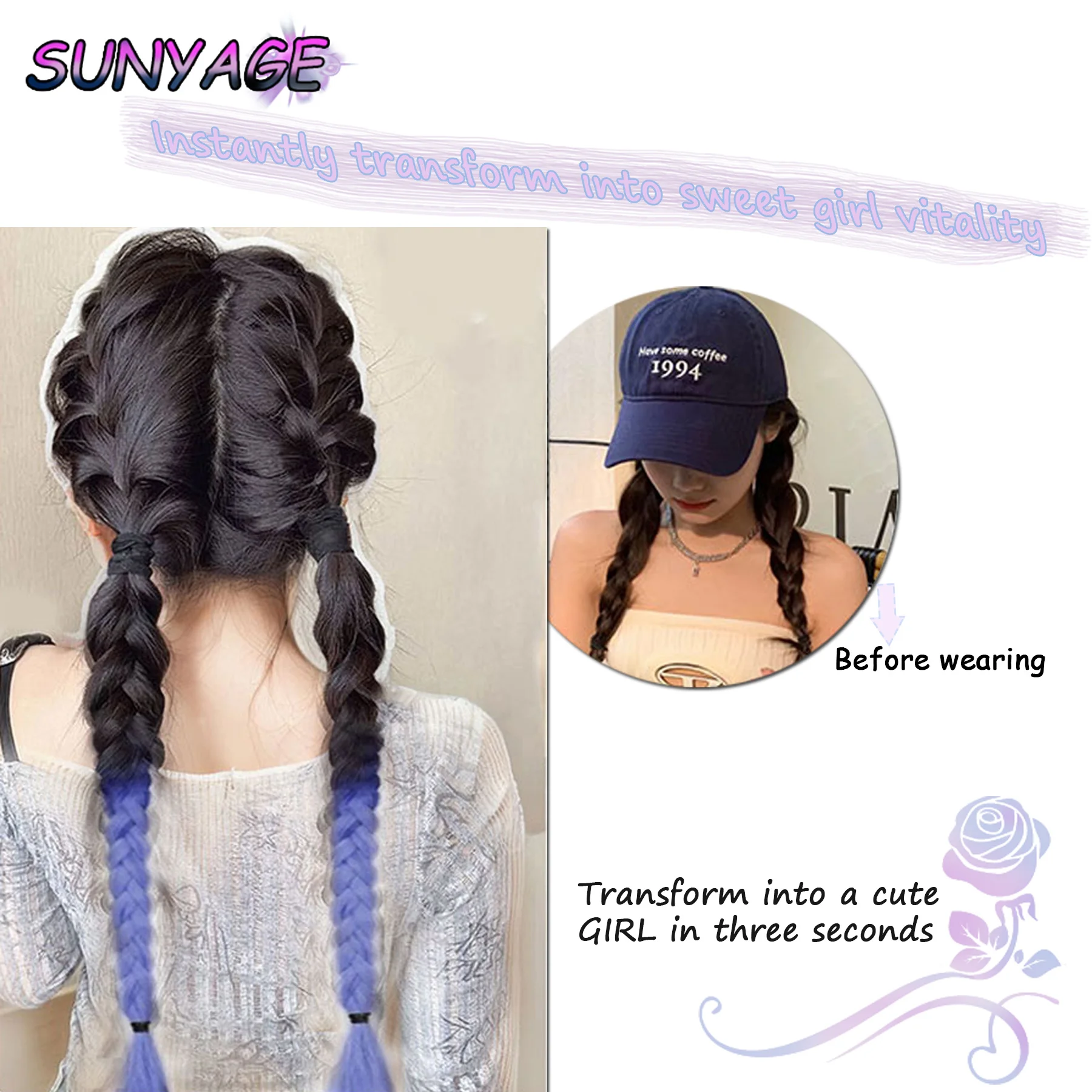 SUNYAGE-Gradiente rosa duplo rabo de cavalo, gradiente e azul, bonito sintético, trançado cabelo colorido, adequado para atividades diárias