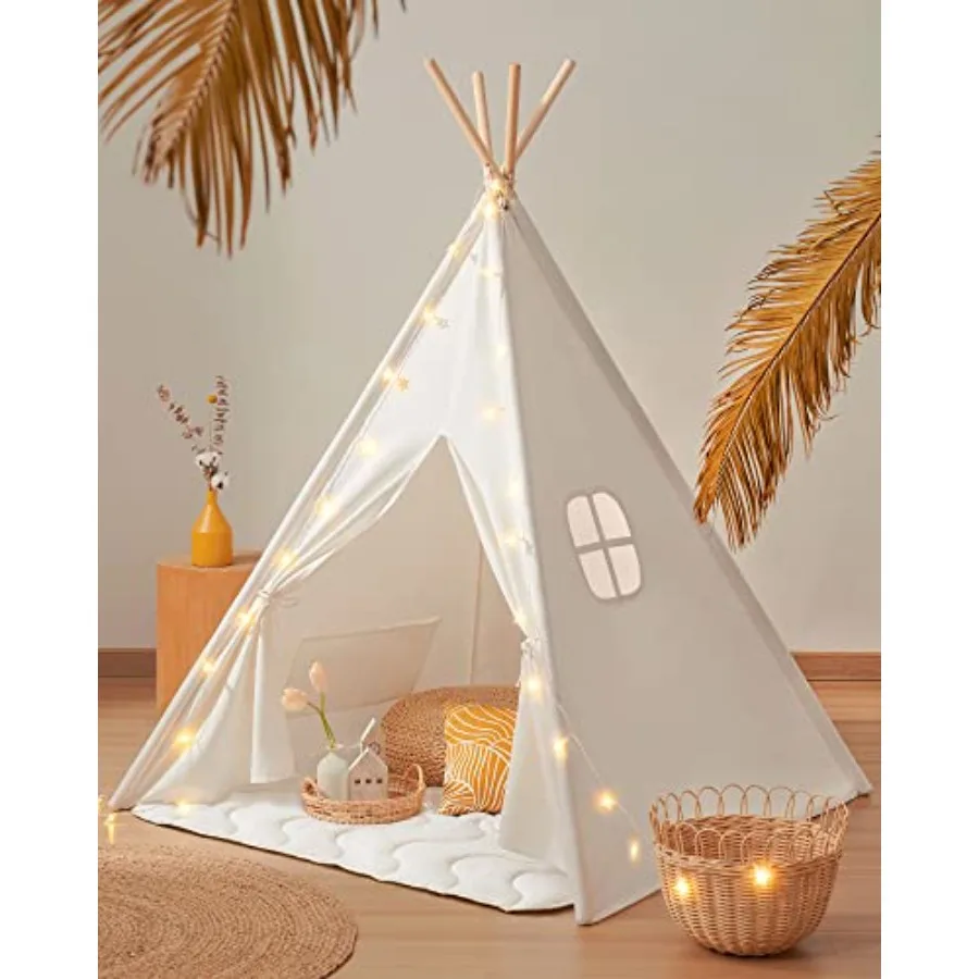 

Teepee Tent for 100 Cotton Play Tent with Padded Mat Star Lights Foldable with Carry Bag Indoor Play Tent for Girls Boys
