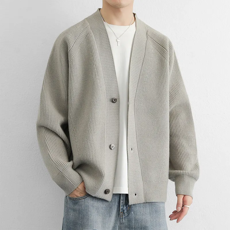 

Мужской свободный повседневный вязаный свитер-кардиган в американском стиле с воротником-стойкой, весна-осень, зима, длинный рукав