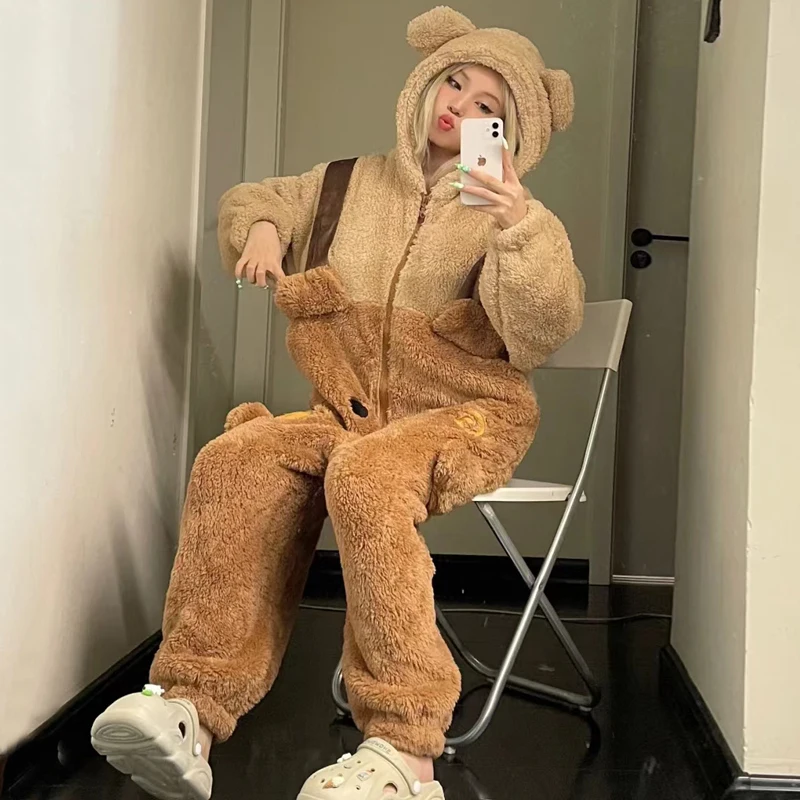 2023 Winter Pajamas For Women Kawaii Bear Onesie Hooded Cartoon Pajama Homewear Lounge Sleepwear Thick Warm Comfy Girl Home Wear