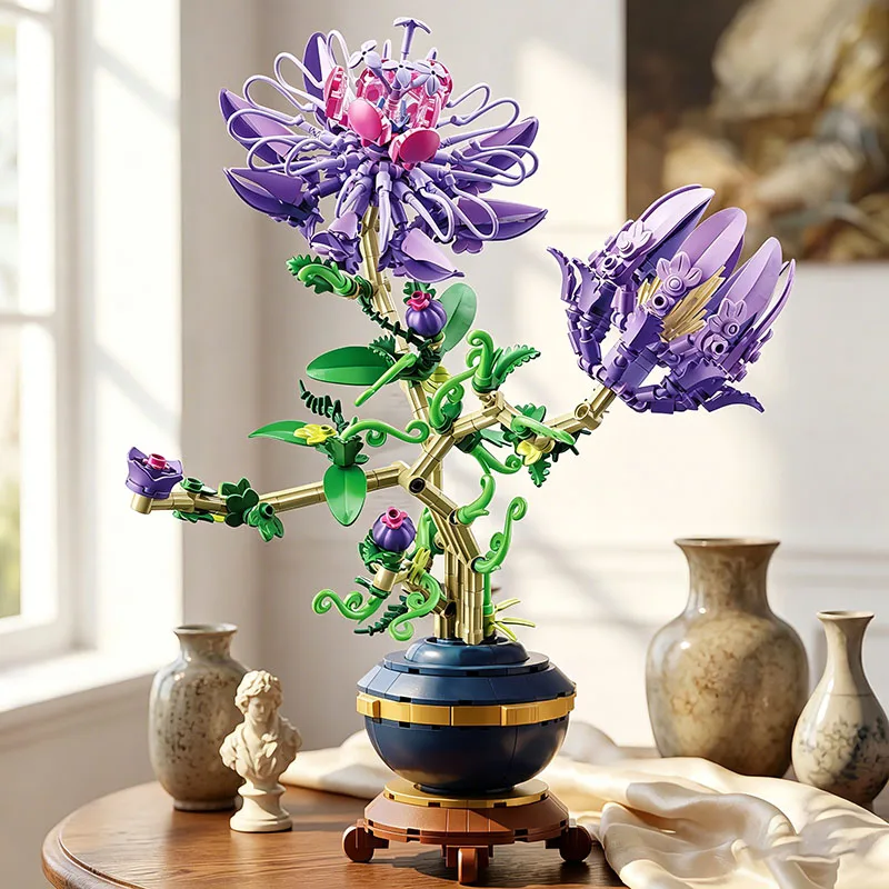 

537Pcs Purple Flower Bouquet Plant Potted Building Blocks Home Decoration Model Toy Couple Gift Holiday Gift
