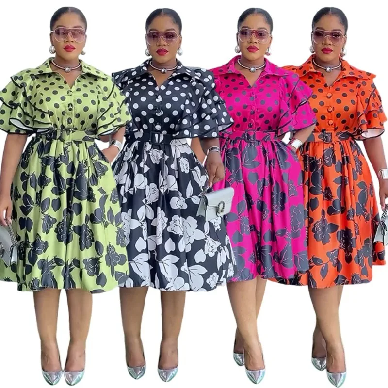 

African Clothing Plus Size For Women Elegant Turkey Dresses Africa Party Wedding Polka-Dot Top Dress Daily Wear Summer Gown