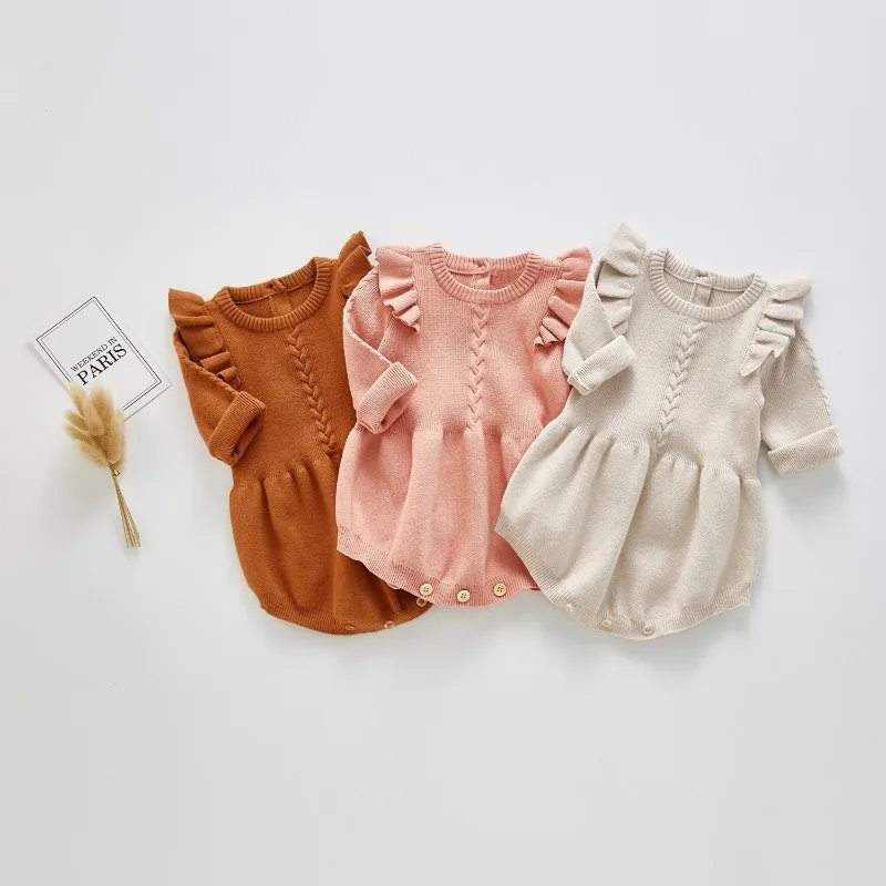 

New Autumn Solid Color Full Long Sleeve Ruffle Knitted Romper Infant Baby Toddler Girls Clothes Ropa Para Bebe