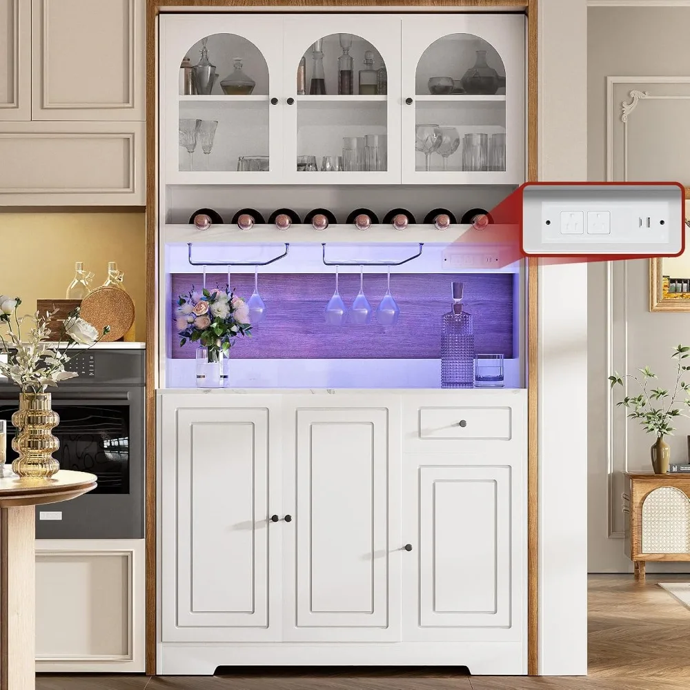 

Шкаф для кофе-бара 72 дюйма с местом для хранения, кухонный шкаф для хранения вещей с розеткой и светодиодной подсветкой, 1 ящик