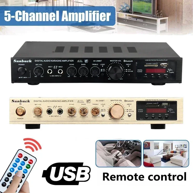 

5 Channel Power Amplifier 2200W bluetooth HiFi Stereo Speaker Amp Support FM Radio 2 Mic USB SD Card Input Audio Amplifiers