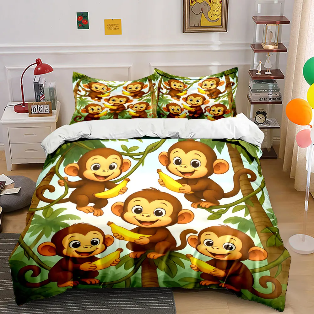 Cute monkeys holding bananas on trees Print Bedding Set 1 Duvet Cover 2Pillowcases for Adult and Children Luxury Gift Full Size
