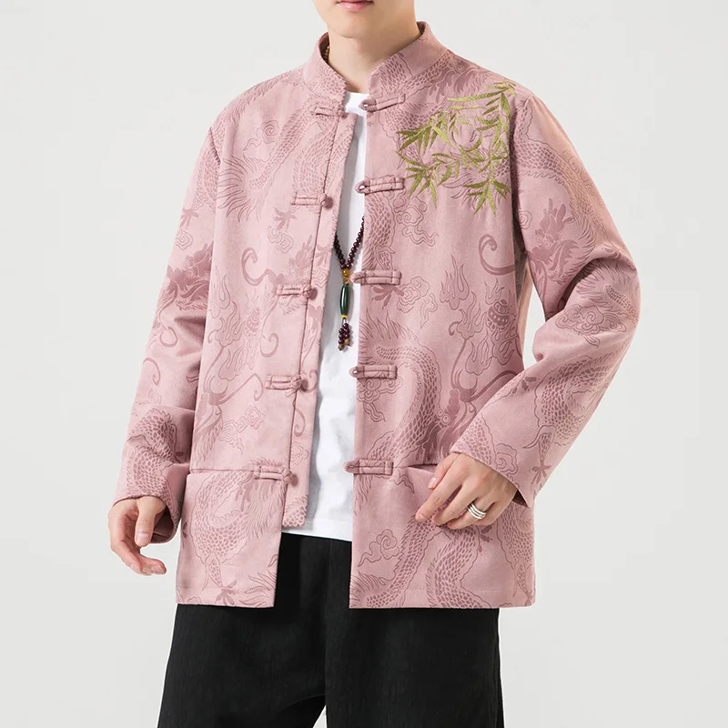 Embroider Bamboo Jacket Vintage Dragon Print Suede Coat New Chinese Style Tang Clothes Men Hanfu Hanfu Vintage Costume Bigsize