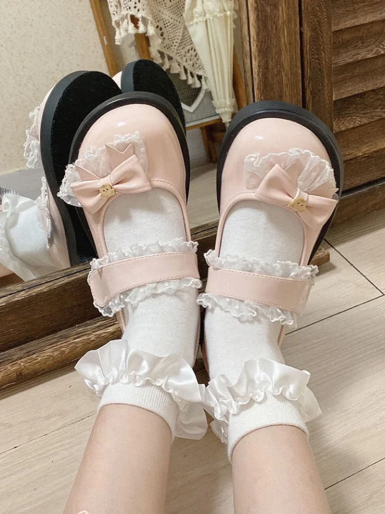 Japanese Lolita Mary Janes Shoes Women Lace Kawaii Sweet Bow Pumps Shoes Female Cute Bear Round Toe Designer Shoes 2024 Summer