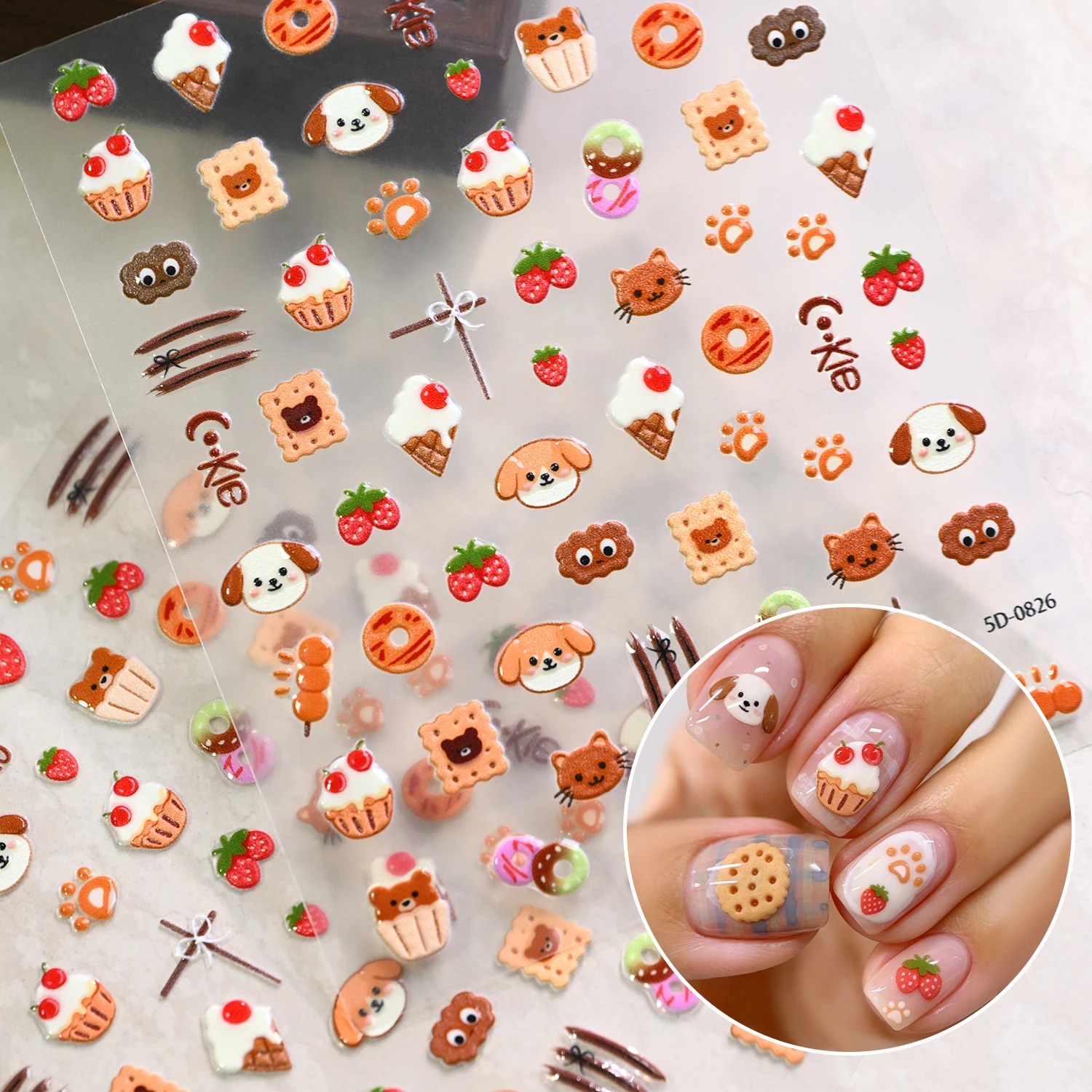 1Pc 5D Kawaii Small Dog Cat Animal Design Nail Sticker Cartoon Strawberry Cookies Self Adhesive Decals DIY Manicure Sliders