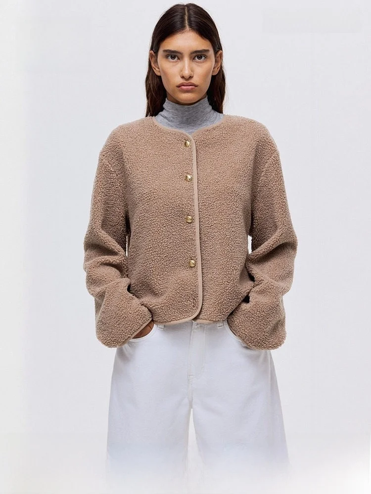 

Женская короткая куртка H&M из флиса Teddy с круглым вырезом, элегантный стиль, летняя верхняя одежда 1308700, повседневный шик, полиэстер, длинный рукав