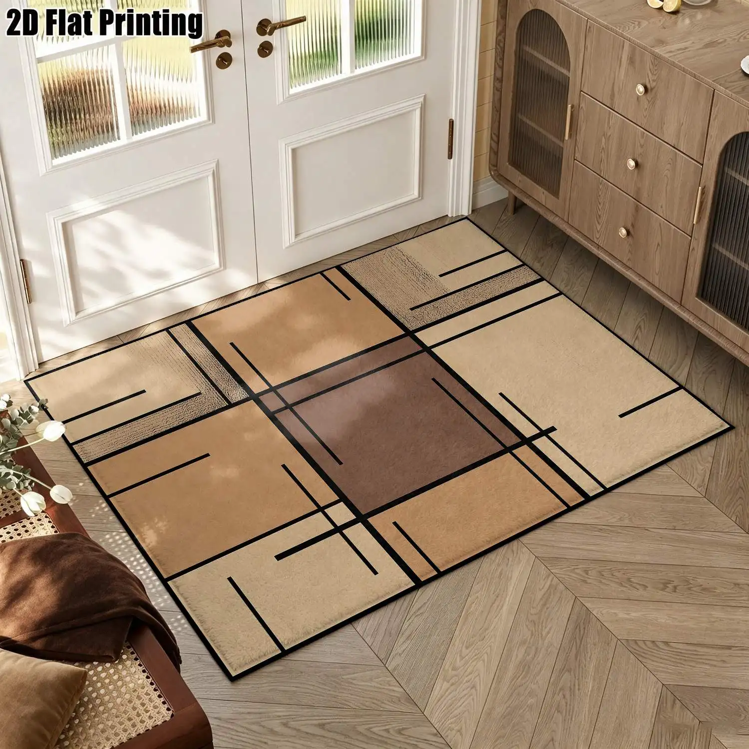 1Pc 2D Printed Brown-Beige Geometric Line Pattern Carpet, Nordic Modern Minimalist Instagram European Vintage Style, Multi-Size Machine Washable Home Decor Floor Mat for Entrance, Dining, Foyer, Living Room, Bedroom