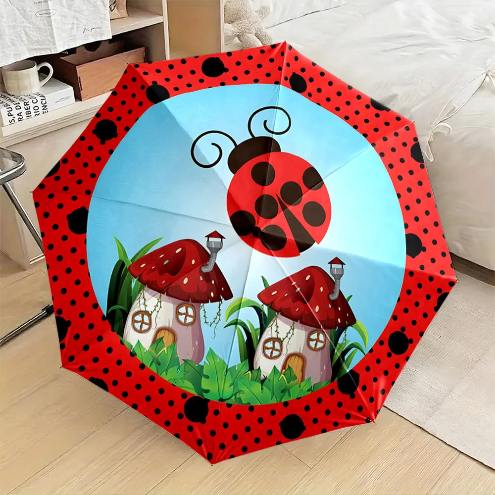 1PC Ladybug and Mushroom Houses Themed Umbrella Print 8 Iron Ribs Folding Umbrella Auto-Open Fashion Sunshade