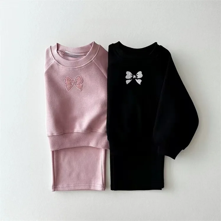 Girls Autumn Clothing Korean Children Clothing Cotton Bow Girls Baby Autumn Set Little Girls O-neck Hoodie Pant Two-piece Set