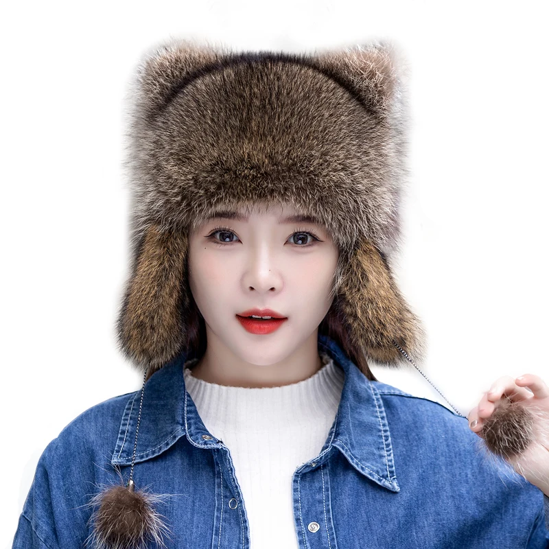 

Women Natural Raccoon Fur Caps Ushanka Hats for Winter Thick Warm Ears Fashion Bomber Pom Pom Hat Lady Real Fur Earflap Hat