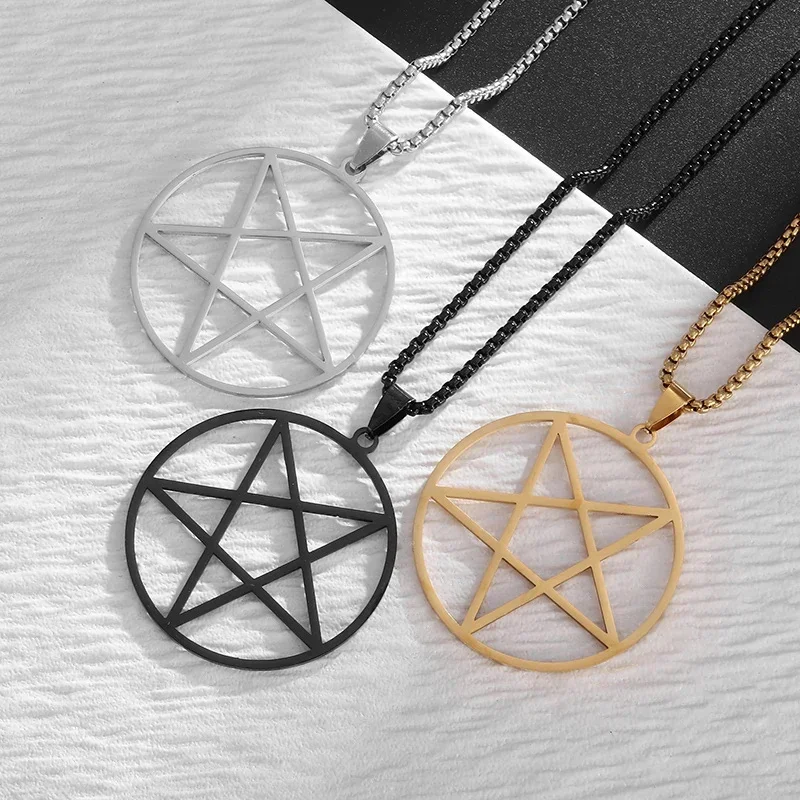 WOUWU 2025 nuevos collares redondos colgante mujeres viaje Unisex cadena de acero inoxidable pagano Wicca estrella invertida pentagrama joyería