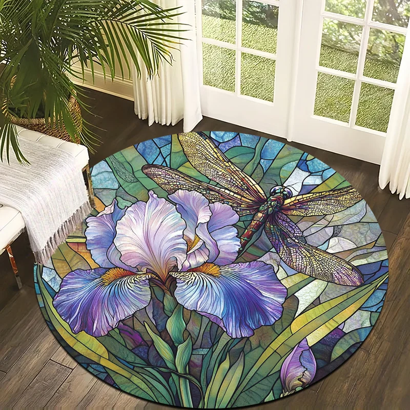 Iris Dragonfly Style Flannel-printed round floor mats are slip-resistant Suitable for living room bedroom terrace garden carpets