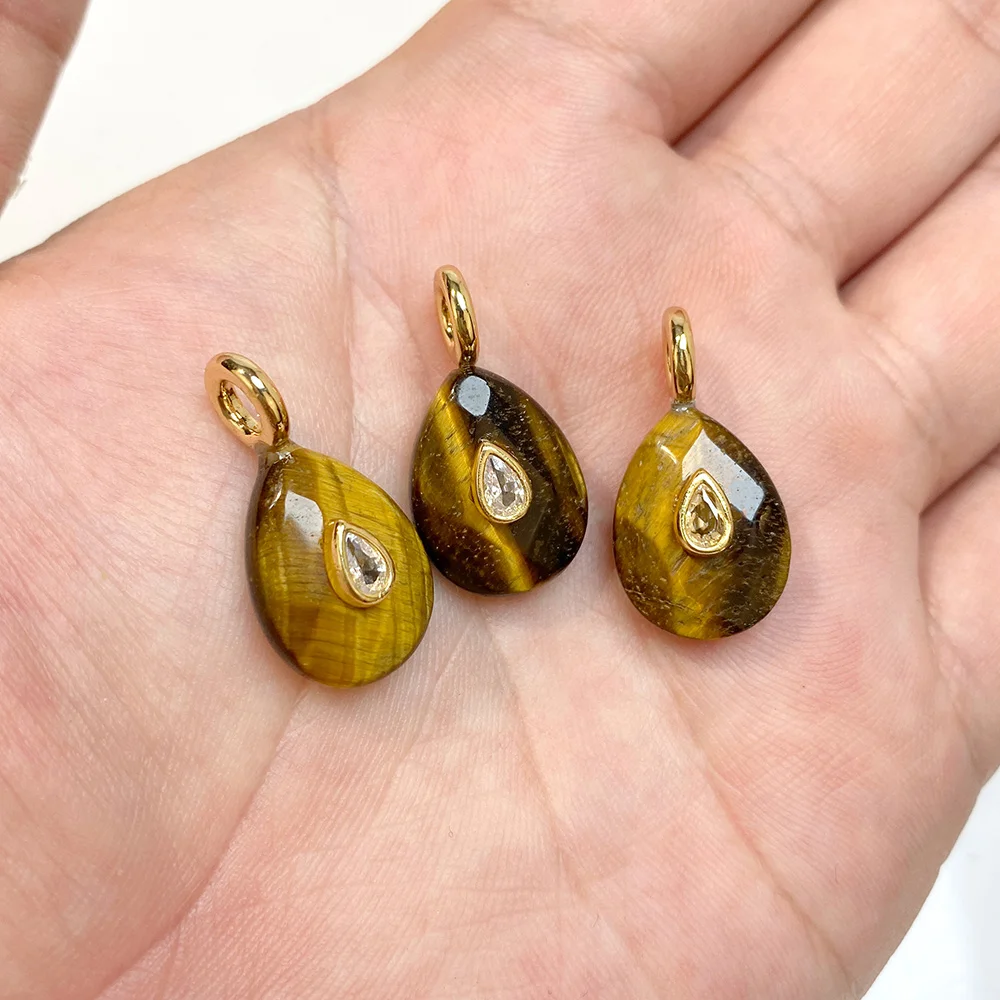 1pc Teardrop Natural Gem stone Charm 13x25mm Faceted Stone With Tiny Zircon Inlay Gold Plated Pendant For Handmade Jewelry
