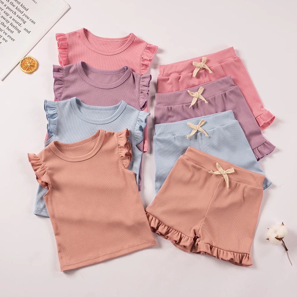 8-color Suit Summer Toddler Girl Ruffle Sleeve 2pcs Set Solid Sleeveless T-shrits Top and Shorts Outfit for Girls