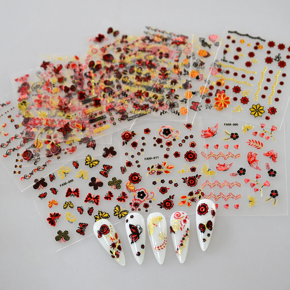 30Pcs/Set Red Golden 3D Nail Art Sticker Hot Stamping Hollow Decals Mixed Designs Adhesive Flower Nail Tips Letter Butterfly Set