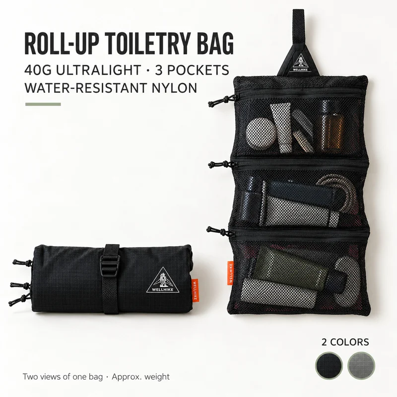 Roll-Up Toiletry Bag Ultralight 40g 3-Pocket Hanging Wash Bag for Travel Hiking Camping