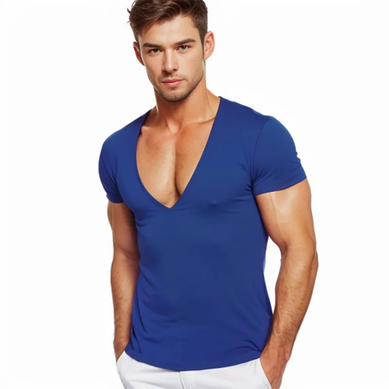 2023 ​European And American Men Summer Deep V Neck Tshirt  ShortSleeved Solid Color Cotton Gym Fitness Sports Running Boxing Top