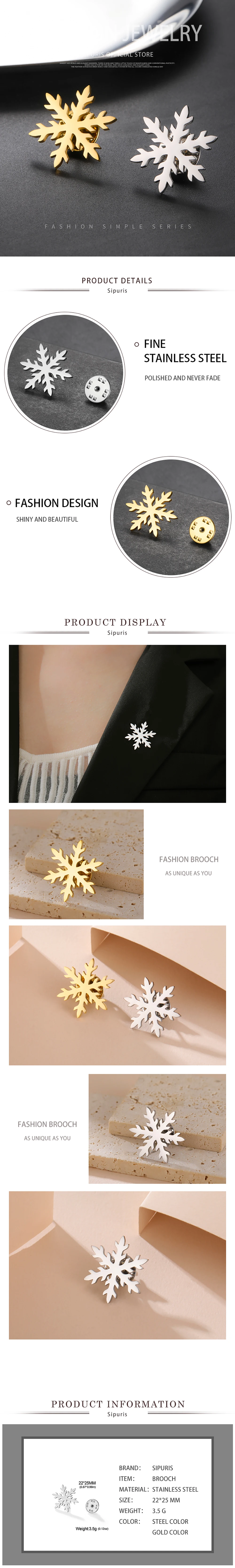 Sipuris Schneeflocken-Mini-Brosche für Damen und Herren, Edelstahl, Modische Anstecknadel, Schmuck, Weihnachtsgeschenke, Trendig – Detail 3