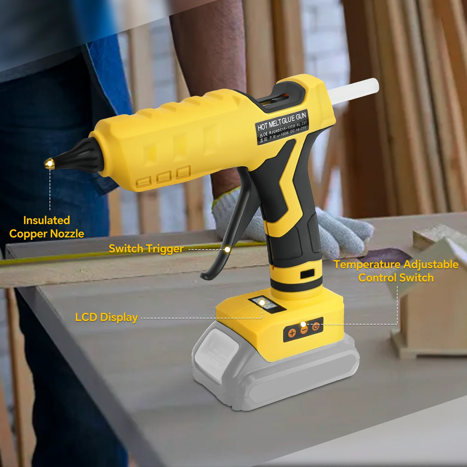 100W Cordless Glue Gun 100℃-200℃ Temp Adjust Digital Display Hot Melt Glue Gun with 10Pcs 11mm Sticks for Dewalt 20V Battery Pin