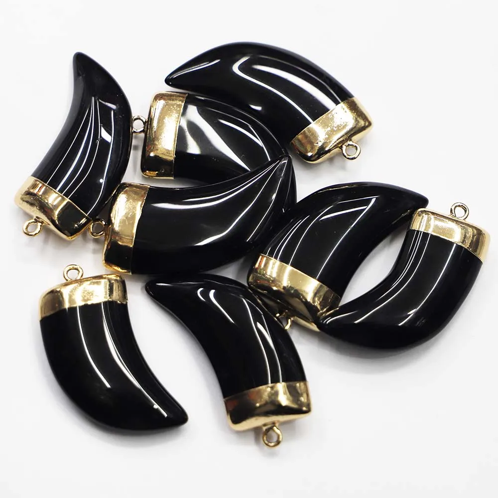 

High Quality Natural Stone Obsidian Ox Horn Pendants Necklace Gold Head Fashion Charms Making Jewelry Accessories Wholesale 4Pcs