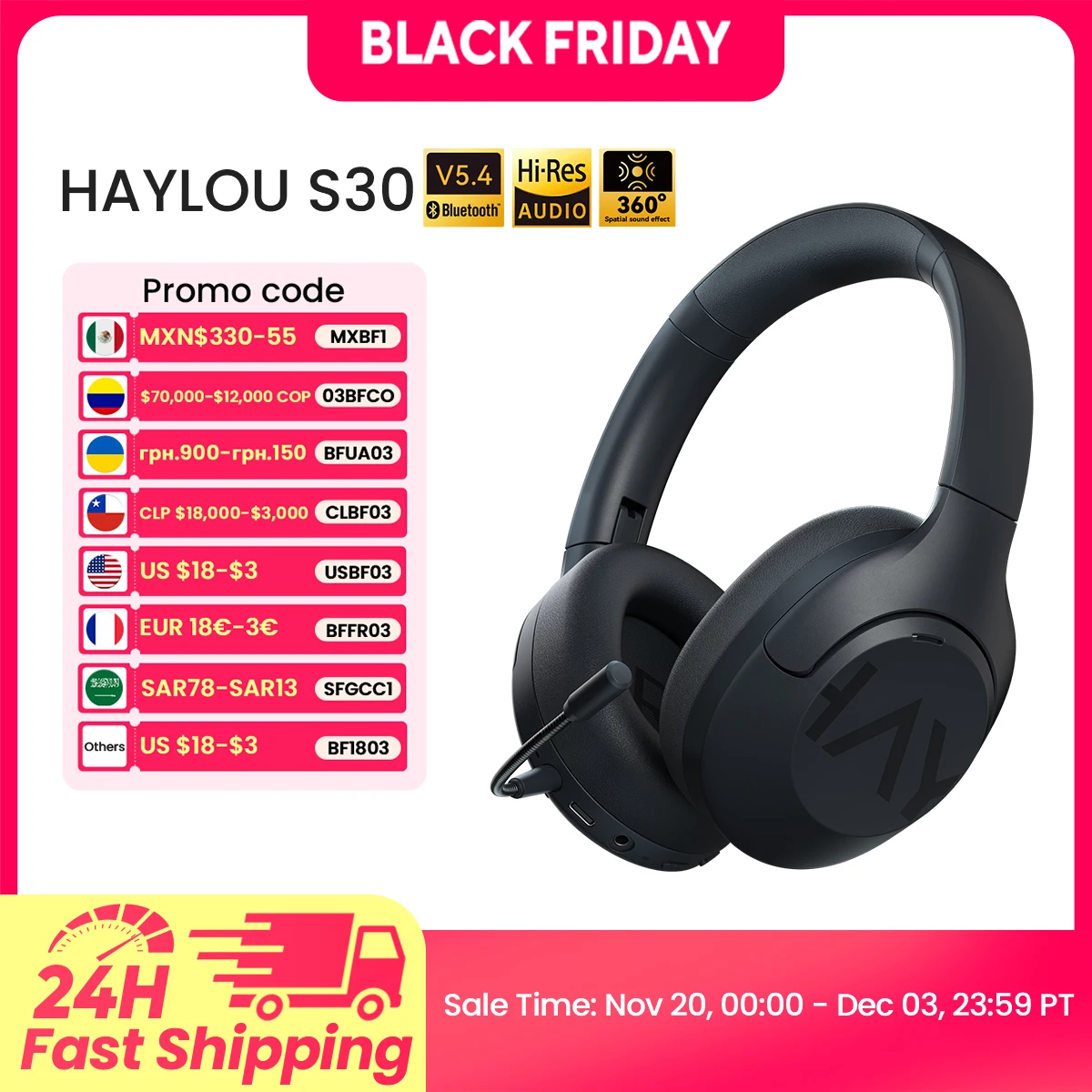 سماعات هايلو بلوتوث لاسلكية مع ميكروفون ، سماعات إلغاء الضوضاء ، صوت عالي الدقة ، سماعات أذن للسائق النشط ، 40 * ، [SAR110-SAR10 Code:CDGCC]40 * ، S30