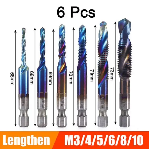 6Pcs M3-M10 Hex Shank Titanium Plated HSS Screw Thread Metric Tap Drill Bits Screw Machine Compound Thread Hand Tools
