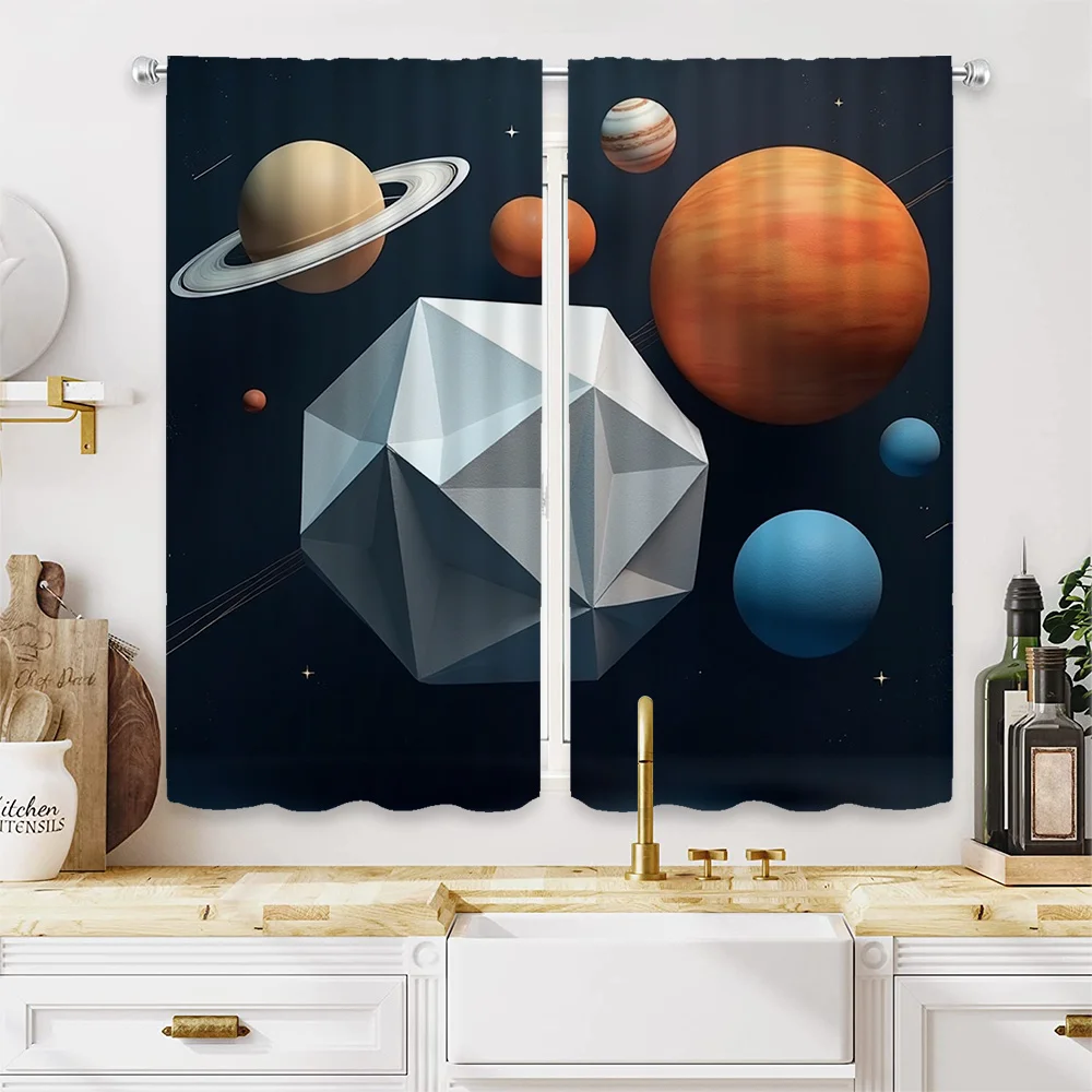 [Está han habilitado] Impresión de cortinas digitales de alta definición de 2 piezas, serie Cosmic Starry Sky, fondo oscuro, con Saturno, varios
