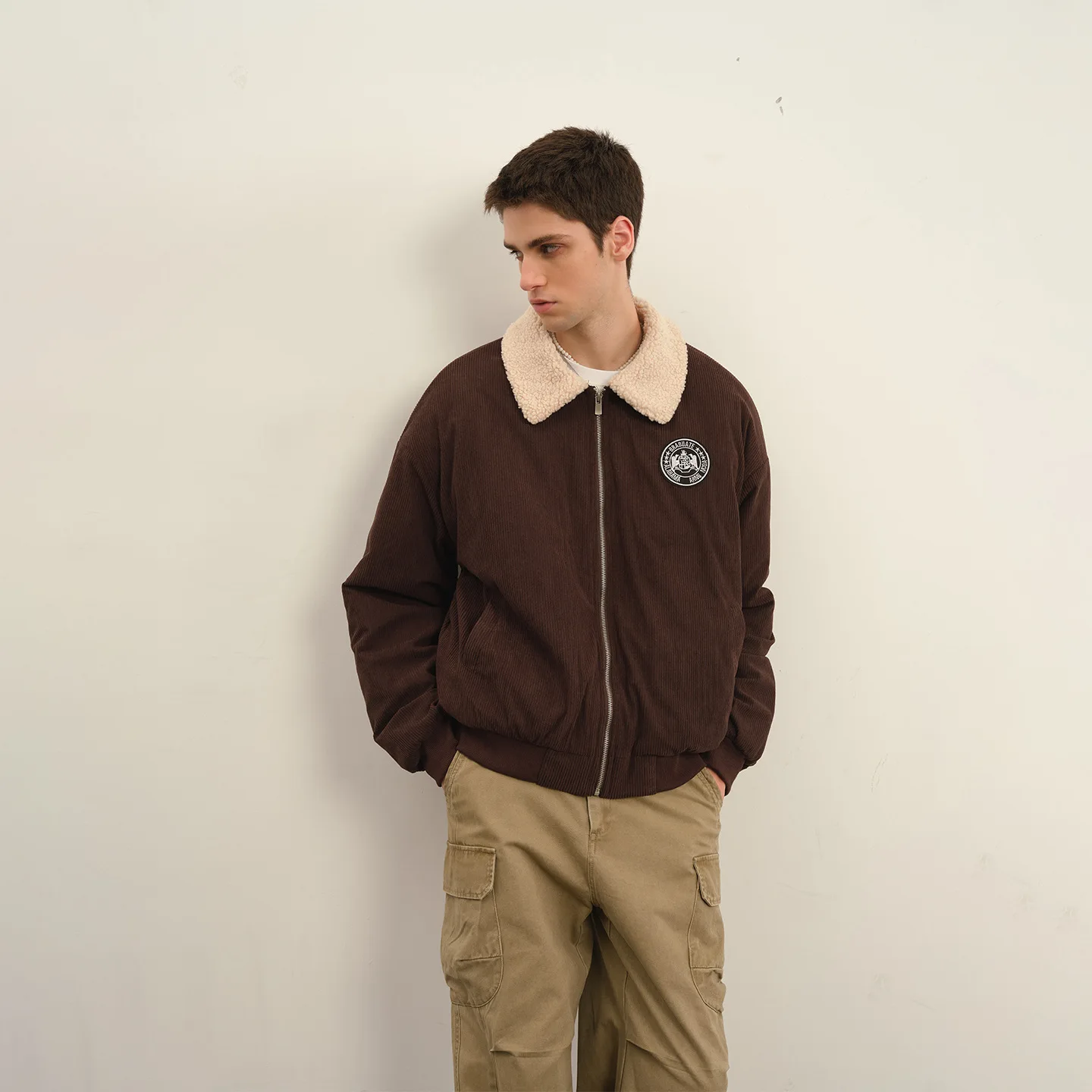 City Ordinary Winter New Retro Loose Lambswool Collar Corduroy Warm Cotton Jacket for Men